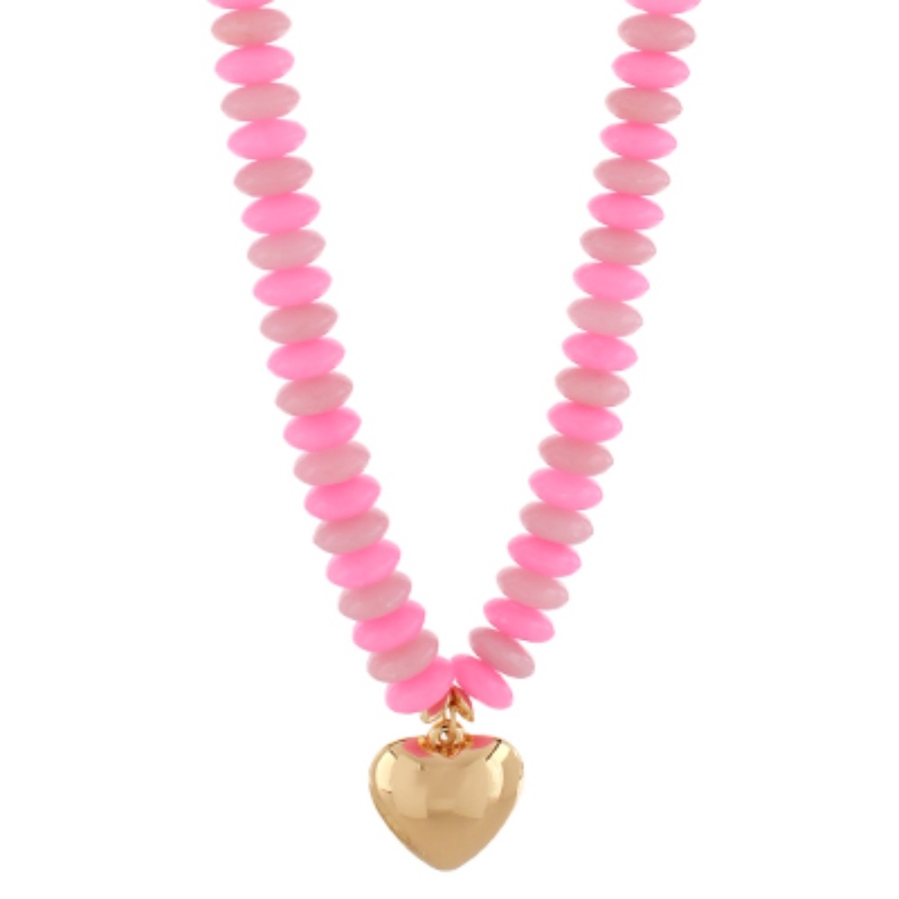 Gold Heart Pendant Pink Bead Necklace